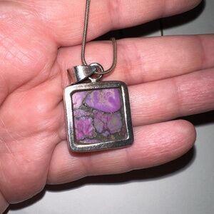 Purple Stone Pendant Necklace – Silver Chain – Unique Marbled Look